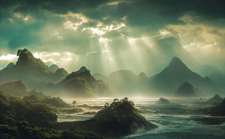ai Generated, sea, mountains, rocks, coast, nature, beach, water, landscape, sunset, cloudy