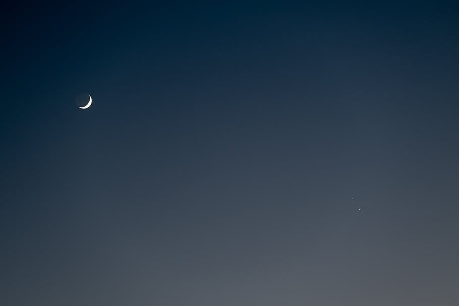 三日月、 月、 空、 夜、 自然、 天文学、 青、 占星術、 静けさ、 日食、 照らされた