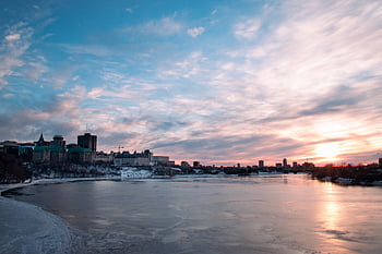 budova, panoráma, městský, nebe, západ slunce, architektura, město, panoráma města, odraz, voda, zimní