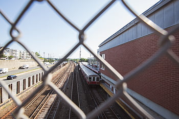 city, rail, tracks, fence, urban, railroad, railway, train, public, transportation, subway