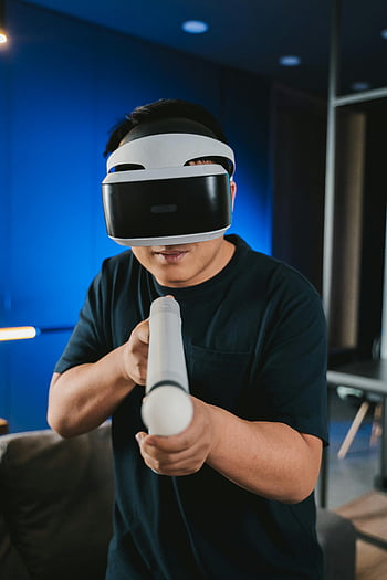 virtuele realiteit, gaming, binnen-, controleur, man, vr glazen, virtuele ervaring, interactief spel, technologie, vermaak, koptelefoon