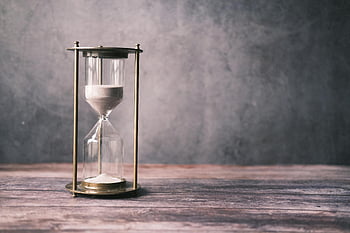 hourglass, sand, wooden table, rustic, gray background, copy space, classic hourglass, clear hourglass, vintage, time, sand timer