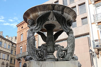 fontána, sochařství, mořská panna, anděl, křídla, ženský, město, městský, 1800s, starý, historický