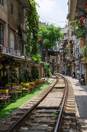 vlak ulice, Hanoi, koleje, dráha, železnice, kolejnice, vlak, ulice, doprava, cestovní ruch, Vietnam