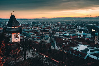 Uhrturm, hodinová věž, město, budov, architektura, věž, Příroda, mezník, stromy, krajina, zimní