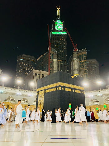 nagy mecset, kaaba, tawaf, zarándokok, Abraj al csali tornyok, éjszaka, imádók, hajj, Mekkája, iszlám, Szaud-Arábia