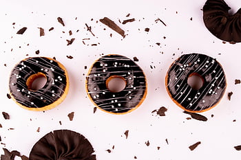 food, donuts, flat Lay, chocolate, glazed, doughnuts, dessert, snack, pastry, baked, baked Goods