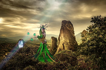 background, fantasy, rock, nature, woman, butterflies, female, character, digital Art, digital Artwork