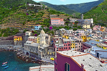 village, buildings, architecture, houses, colorful, port, sea, boats, summer, travel, nature