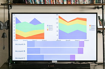 TV screen, colorful charts, graphs, cozy indoor setting, television display, variety of graphs, bar charts, line graphs, data visualization, home office, account analysis