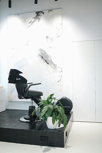 beauty salon interior, sleek black salon chair, minimalist beauty salon, abstract art, salon setting, modern salon, salon decor, salon furniture, salon design, salon artwork, salon plants
