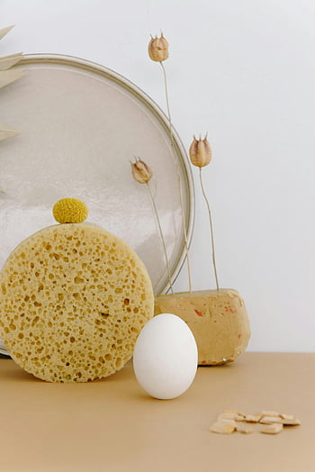 bílé vejce, žlutá houba, sušené květiny, kulaté sklo, plochý povrch, Umělecké uspořádání, Neutrální pozadí, stálý život, minimalistické složení, přírodní prvky, dekorativní předměty