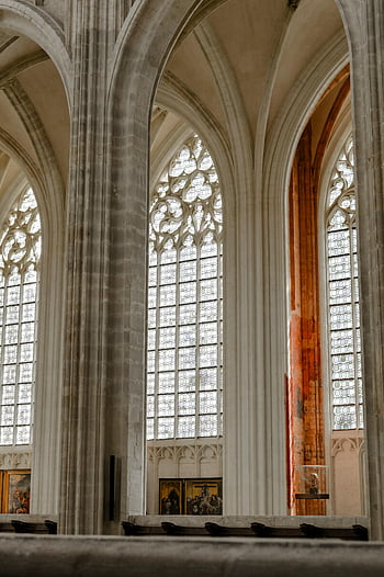 interior of a church, ornate gothic interior, cathedral in Leuven, Belgium, tall columns, detailed windows, gothic architecture, stained glass windows, religious architecture, historical building, church interior design