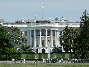 Bílý dům, Washington DC, turistů, trávník, plot, návštěvníků, mezník, architektura, americká vlajka, prohlížení památek, fontána