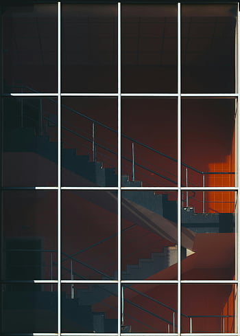red wall, stairway, window reflection, geometric patterns, abstract view, large windows, staircase reflection, modern architecture, interior design, urban photography, architectural photography