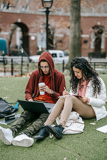 Studenci, studiowanie razem, laptopy, notatniki, Trawnik kampusu, Studenci wieloetniczni, skupione studenci, kampus uniwersytecki, Badanie na świeżym powietrzu, Współpraca akademicka, życie w kampusie