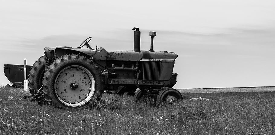 tractor, farm Equipment, equipment, agriculture, farm, machine, old, machinery, rustic, black And White