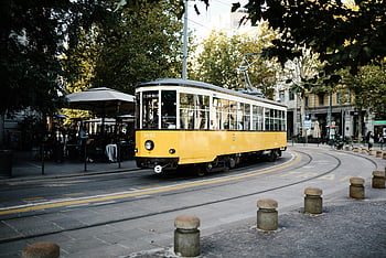 yellow tram, white tram, Milan, urban architecture, classic tram, picturesque street, tram on road, yellow and white tram, tram navigation, city tram, Italian tram