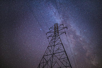 elektrické vedení, modrá obloha, fialové nebe, noční obloha, hvězd, mléčná dráha, moc věž, přenosová věž, noční fotografie, Hvězdná obloha, vedení