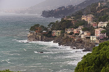hav, kyst, bygninger, bjerge, landsby, huse, ocean, vand, natur, kystlinje, storm