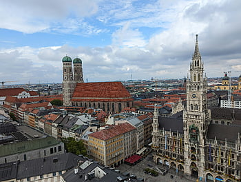 marienplatz, Μόναχο, Γερμανία, εναέρια θέα, νέο δημαρχείο, frauenkirche, ζωντανός ουρανός, αστικό τοπίο, ιστορική αρχιτεκτονική, Ευρωπαϊκά ορόσημα