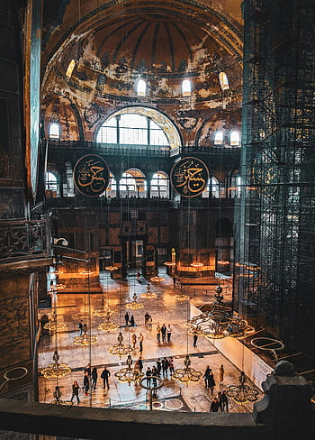Hagia Sophia, Istanbul, interiér, architektura, lidé, lustry, kupole, Okna, historický, mezník, krocan