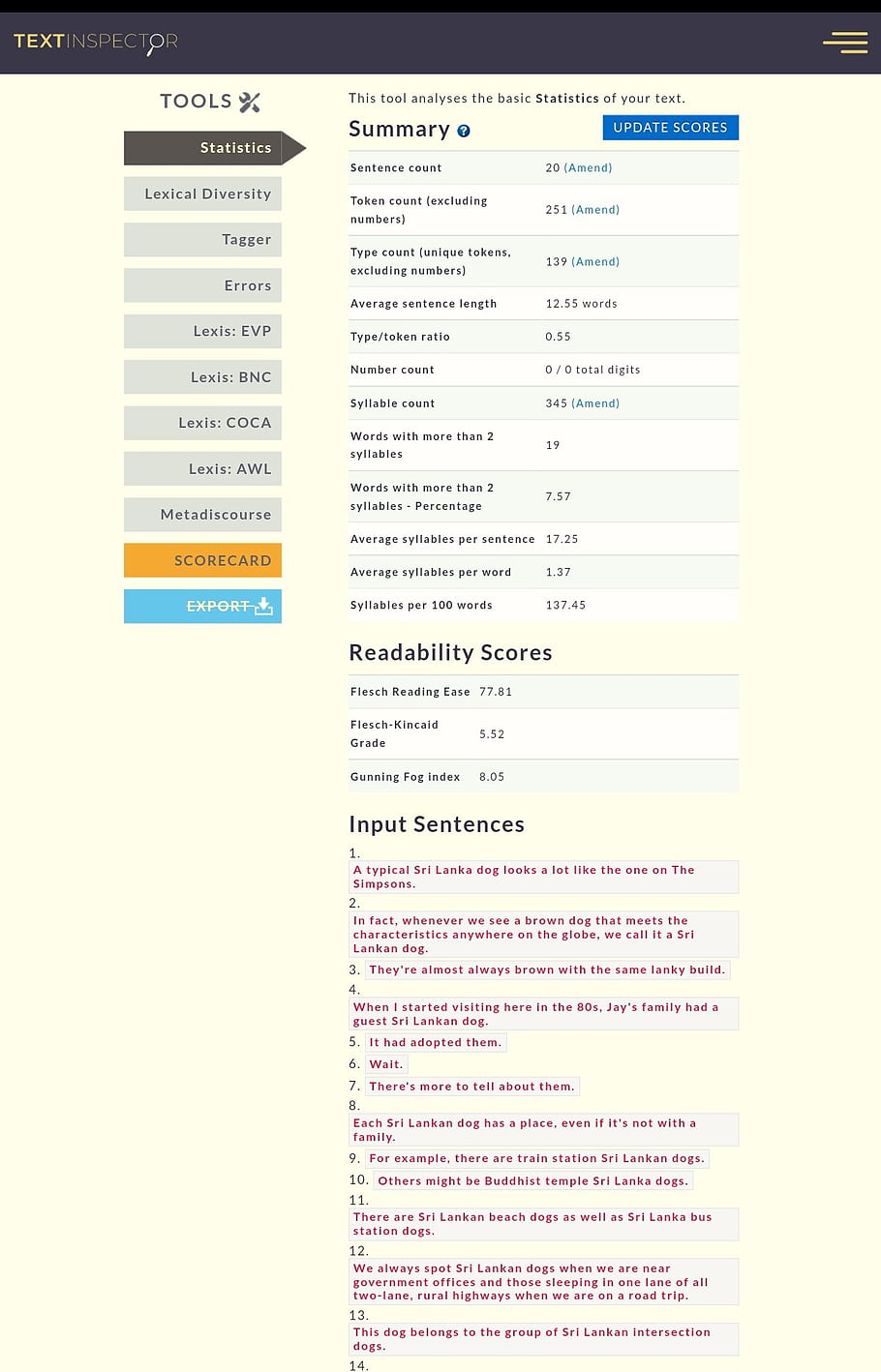 blogging, screen capture, text inspector, statistics, readability scores, input sentences, lexical diversity, tagger, errors, lexis EVP, scorecard