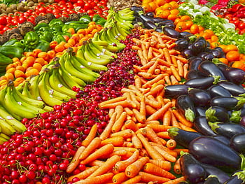 fruits, vegetables, market stall, healthy eating, organic living, fresh produce, vibrant selection, carrots, bananas, cherries, eggplants