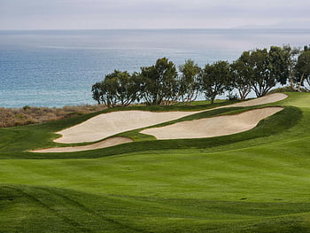 golf course, sea view, green fairway, sandy bunkers, cloudy sky, coastal golf, ocean front, golf course landscape, golf course scenery, golf course by sea, golf course bunkers
