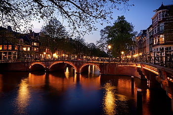 amsterdam, bridge, channel, city, night, light