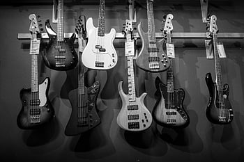 electric guitars, brown steel bar, black and white, electric bass guitars, hanging rack, display, musical instruments, guitar collection, wall-mounted guitars, music store, instrument display