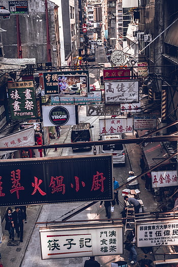 Hong Kong, downtown, neon signs, urban activity, assorted-labeled signage, bustling street, cityscape, street scene, commercial signs, Chinese characters, signage
