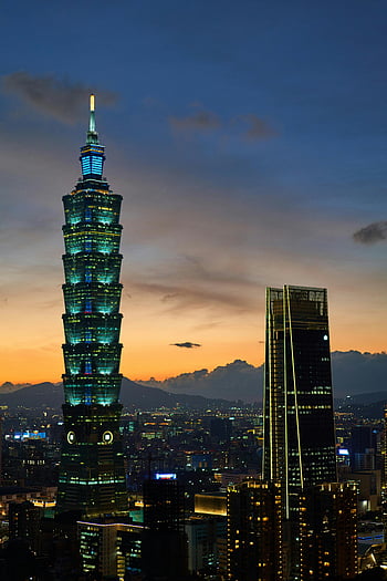 taipei 101, paesaggio urbano, tramonto, illuminato, cielo al crepuscolo, vista incredibile, grattacielo, skyline urbano, luci della sera, architettura moderna, Taiwan