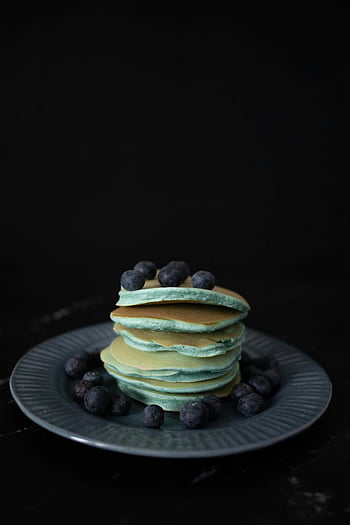 blueberry pancakes, stack of pancakes, delicious breakfast, dark plate, blueberries, delectable pancakes, colorful pancakes, breakfast food, pancake stack, dark background, morning meal