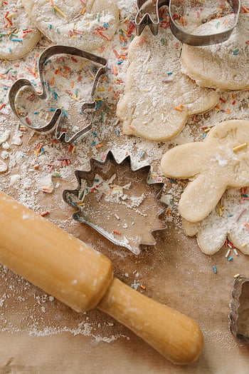 rolling pin, dough shapes, cookie dough, cutters, flour, sprinkles, closeup, baking, raw dough, cookie cutters, festive baking