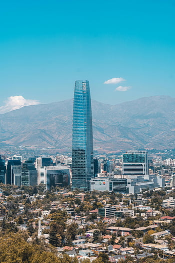 costanera centrum, santiago de chile, letecký pohled, horské pozadí, mrakodrap, panoráma města, městské krajiny, Chile, Santiago Skyline, moderní architektura, andes hory