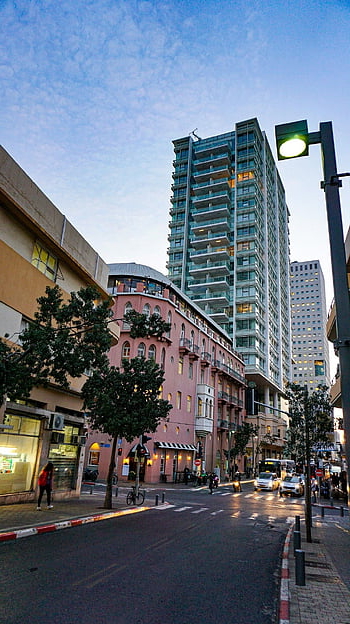 tel Aviv, ahad Haams Street, israel, urban, architecture, city, travel, tourism, dusk, buildings, pink Buildings