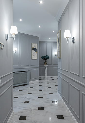 luxury villa, classic styled lamps, marble flooring, hallway interior, sophisticated wall decor, elegant corridor, luxury hallway, wall sconces, interior design, modern villa, decorative lamps