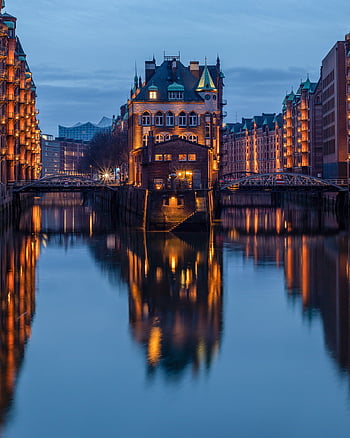 hamburg, speicherstadt, sungai, sungai elbe, diterangi, refleksi, refleksi air, Arsitektur, kota, jerman, bangunan