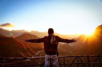 sunset, mountains, Tam Đường, Vietnam, silhouette, scenic, man, black jacket, embracing, nature, landscape