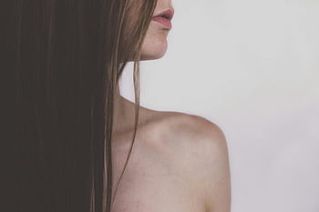 woman, shoulder, long hair, silky hair, close-up portrait, elegant, soft background, profile view, natural beauty, minimalistic, side profile