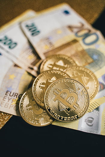 Euro banknotes, cryptocurrency, finance, Berlin, golden bitcoins, close-up shot, coins and bills, digital currency, money, finance industry