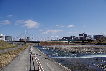 řeka, Příroda, město, voda, sapporo, hokkaido, Japonsko, modrá obloha, tok, slunný