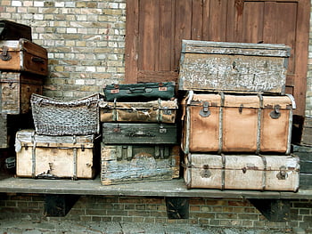bagaglio, valigia di cuoio, il petto, carrelli per i bagagli, vecchia stazione ferroviaria, vecchio, storicamente, viaggio, carrello, vacanze, va via