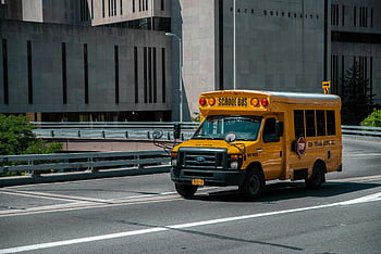 žlutý školní autobus, městské oblasti, New York City, řízení, světle žlutá, školní autobus, silnice, město, univerzity, provoz