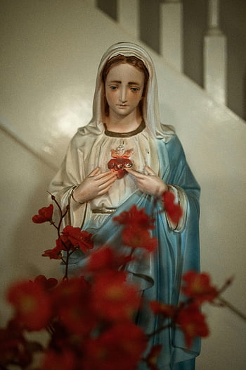 Virgin Mary statue, religious statue, blue statue, flowers, peace symbol, devotion, close-up, religious art, Virgin Mary, blue robe, red flowers
