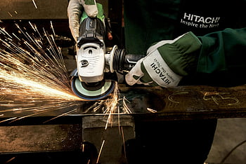 Hitachi, White Black Angle Grinder, sparks, metal workshop, skilled worker, grinder, close-up, Hitachi tools, industrial equipment, power tools, metalworking