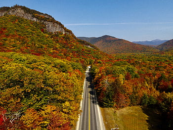 autumn, aerial, road, sky, mountains, fall, landscape, travel, scenic, foliage, colorful