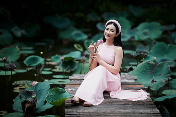 woman, model, dress, lotus Flowers, lotus Leaves, fashion, pose, posing, modelling, female, girl
