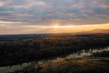 sunset, river, trees, panorama, sun, sunlight, dusk, evening, reflection, bank, water
